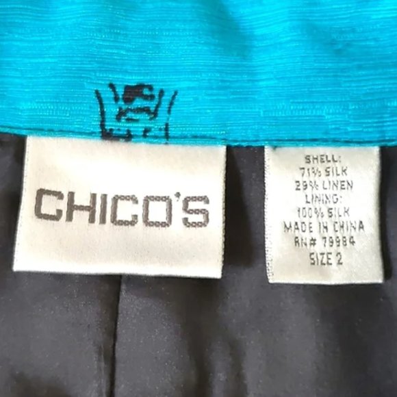 Chico's 3/4 Sleeve Silk-Linen Blend Button Down Jacket, Turquoise / Black - Picture 10 of 10